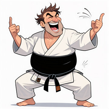 Crazy karate instructor in white gi and giant black belt performs a goofy routine with wild joy on a light background.
