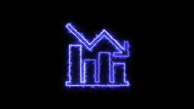 Glowing dark blue neon business graph down trend arrow animation on black background loop.