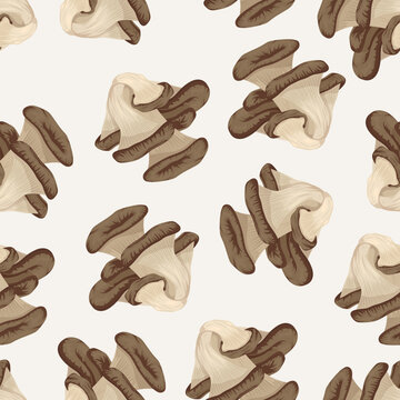 Oyster Mushroom Seamless Pattern, Vector Illustration. Edible Mushroom Background. Hand Drawn Brown Mushroom Repeat. Food Vector Illustration