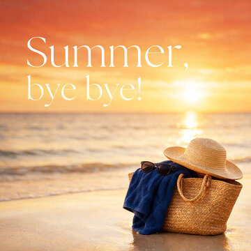 A straw hat and beach bag rest on golden sand as the sun sets, accompanied by a nostalgic summer bye bye text overlay.