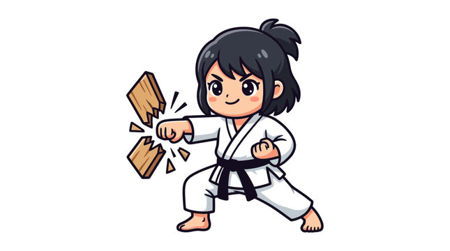Chibi girl karate fighter breaking a wooden board