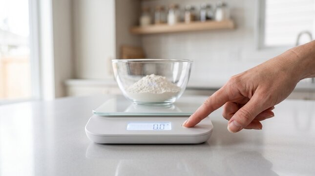Hand Pressing Digital Kitchen Scale Button With Glowing Display in Natural Daylight