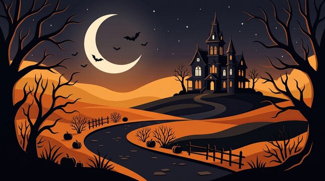 Spooky Castle Crescent Moon Landscape