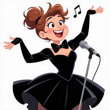 Vibrant cartoon illustration of an Opera Singer woman with a gigantic bow tie radiating exuberance on a white background.