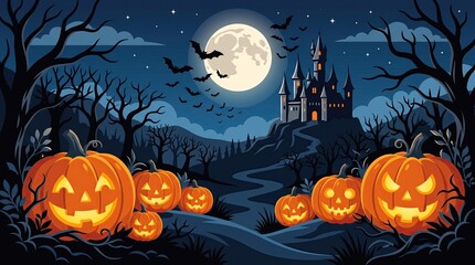 Fototapeta premium Spooky Halloween Castle Under Full Moon