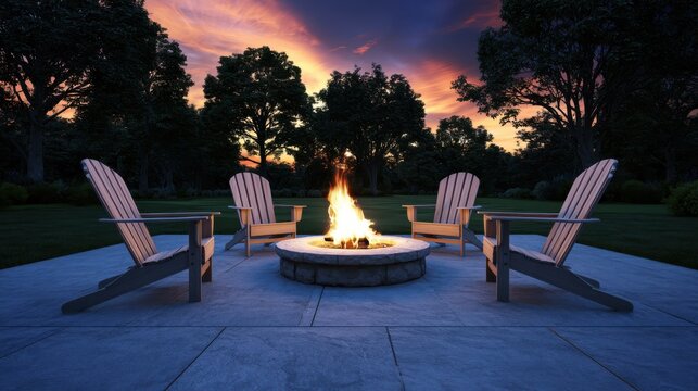 Adirondack chairs arranged around a glowing stone fire pit in a backyard at sunset. Perfect for residential landscaping and outdoor leisure lifestyle concepts.