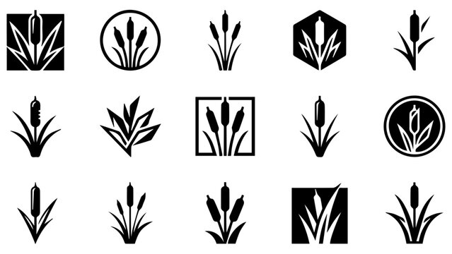 Black and white cattail plant icons collection for nature logos and simple graphic design elements set