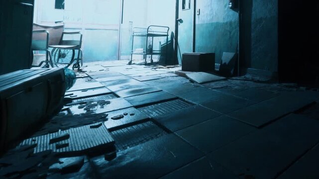 An empty hallway shows discarded items and scattered debris on the floor. A faint light fills the space. The walls appear worn and chipped. An old chair and cart are placed nearby.