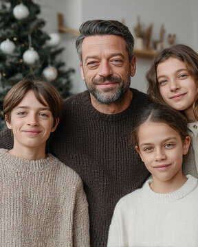 A warm Christmas family portrait features a father surrounded by his three children, all posing together beside a decorated holiday tree.