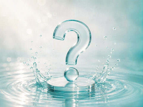 Transparent question mark splashing in water with a blue background  