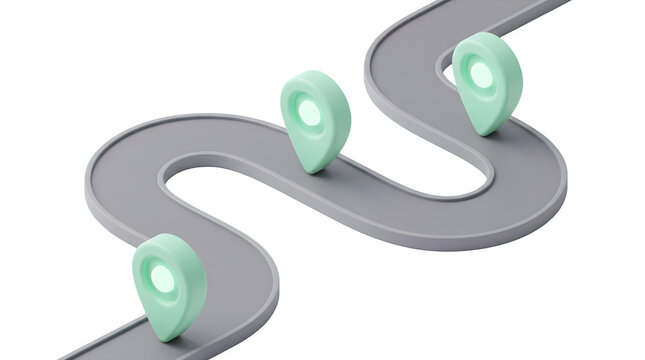 3d illustration of a winding road with three location pins isolated on transparent background