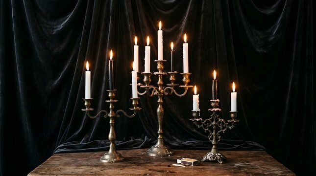 Elegant vintage candelabras with burning white candles set against a dark moody backdrop for halloween celebrations