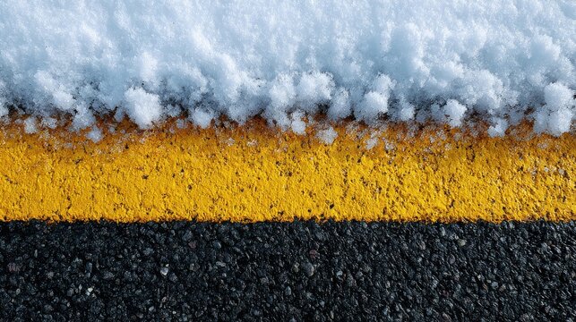 Fresh snow partially covering a bright yellow traffic line on dark asphalt pavement. This image represents winter road safety and hazardous driving conditions.