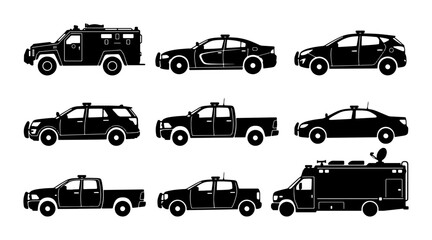 Police Vehicle Icons Set, Law Enforcement Cars and Trucks Collection, Black Silhouette Vector Graphics © Diganto