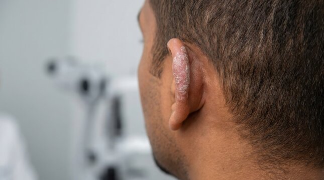 Close up of a man wearing a modern behind the ear hearing aid device