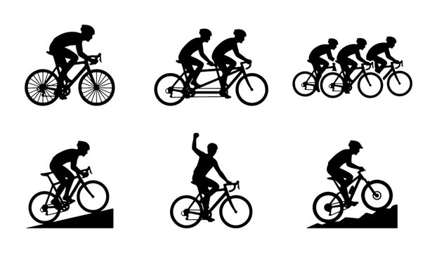 Cycling Silhouettes: Solo Rider, Tandem Bike, Peloton Group, Mountain Climb, Victory Pose