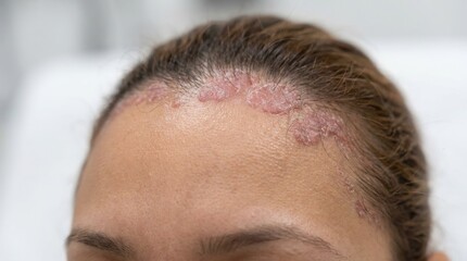 Fototapeta premium Close up of a woman with psoriasis plaques on her forehead and hairline