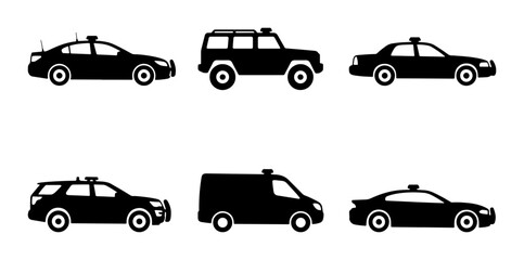 Police Car Icons Set, Law Enforcement Vehicle Silhouettes, Security Transport Collection © Diganto