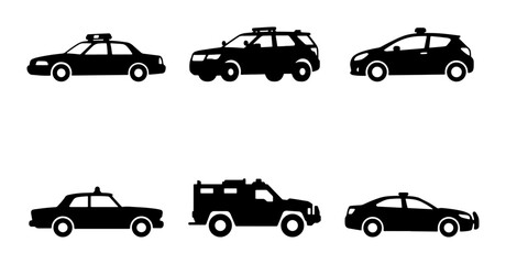 Police Car Icons, Law Enforcement Vehicle Silhouettes, Security Transport Vector Set © Diganto