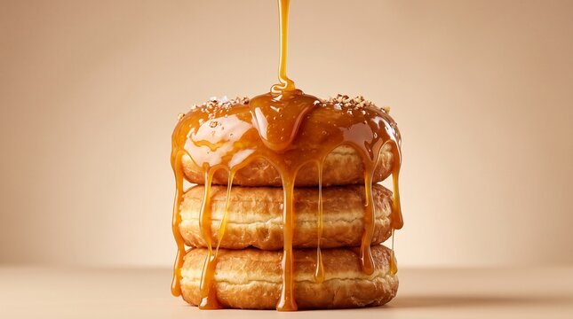 Thick Golden Caramel Drizzle Stretching Over Stack of Donuts on Beige Background