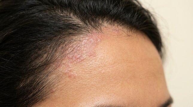 Close up view of a person with a receding hairline and thinning hair on the forehead
