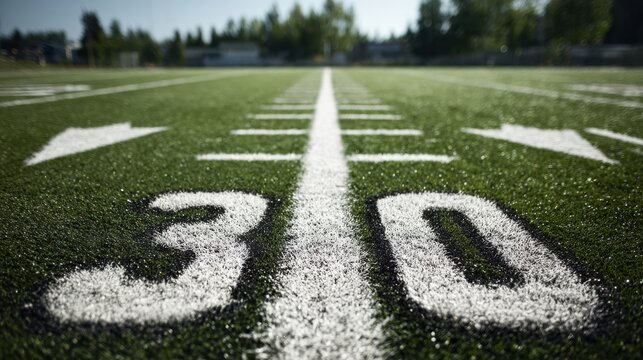 A close-up view of the thirty-yard line on a vibrant green American football field with white yard markings under bright daylight. Perfect sports background for athletic.