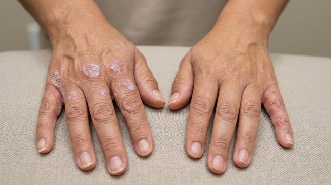 Close up of human hands showing signs of skin condition like psoriasis or eczema