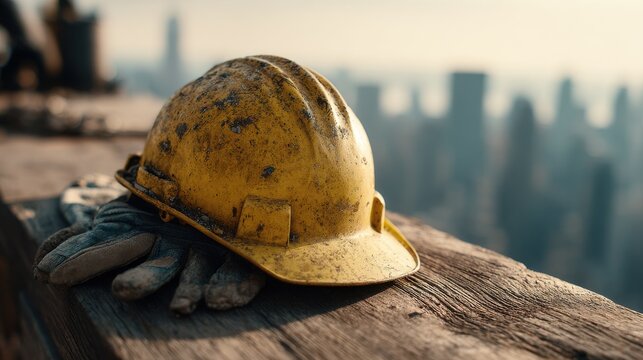A weathered yellow hard hat and work gloves rest on a wooden beam against a blurred city skyline backdrop. Industrial construction concept for labor day and engineering ads.