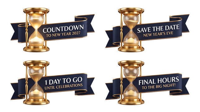 Set of new year countdown hourglasses with gold sand and dark blue ribbons isolated on transparent background