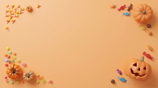 3D Hallowing day abstract  background new 2026 Halloween candy and pumpkins scattered on light beige background isolated on transparent background, isolated on white background