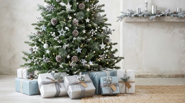 Beautiful decorated christmas tree with gift boxes on the floor in a cozy room