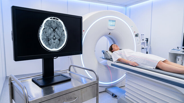 Female patient inside CT scanner with brain scan on monitor in a modern hospital radiology room