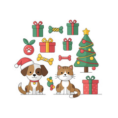 Naklejka premium Flat vector illustration of festive pets with gifts and tree