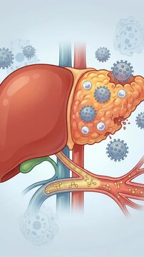 Human body organ: liver inflammation, hepatitis development, viral particle, cell damage, disease concept, hepatic health, medical research, process .