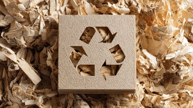 A wooden sign featuring a cutout recycling symbol rests on a pile of wood shavings. This represents sustainable forestry and eco-friendly waste management concepts.