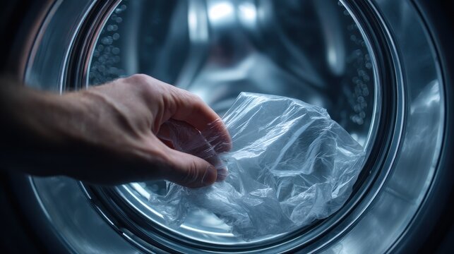 A hand placing a single-use plastic bag inside a washing machine drum for environmental awareness concepts.