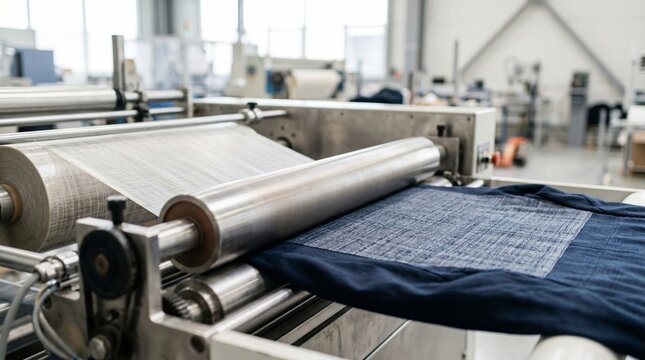 Industrial textile finishing machine processing fabric in modern factory. Automated roller equipment for manufacturing, material production, and sustainable fashion industry.