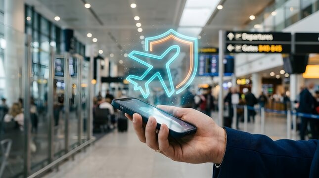 Person holding smartphone with a glowing travel insurance airplane hologram in an airport terminal.
