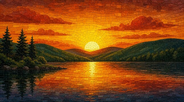Mosaic sunset landscape over lake background