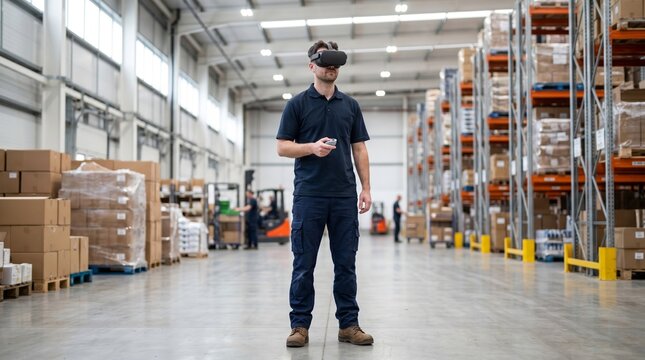 Man wearing virtual reality headset and holding scanner in warehouse. Immersive technology for logistics, inventory management, industrial training, and smart supply chain operations.
