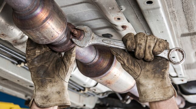 Mechanic repairing vehicle exhaust pipe with wrench and protective gloves. Automotive maintenance, undercarriage service, mechanical repair, and skilled technician craftsmanship concept.