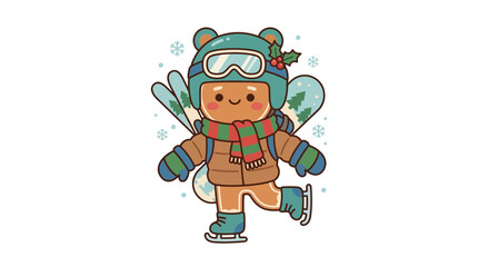 Fototapeta premium Gingerbread man character ice skating in winter gear.
