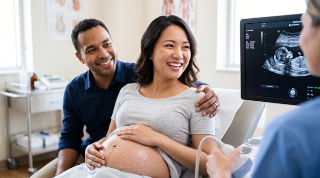 Pregnant woman and husband smiling during prenatal ultrasound examination. Doctor monitoring fetal development on medical screen. Family, maternity care and healthy pregnancy concept.