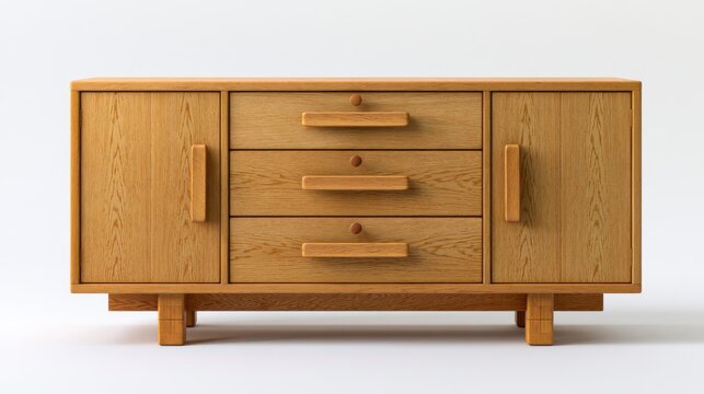 A wooden sideboard with drawers and cabinets is isolated on white background. Perfect for modern interior design presentations and furniture catalogs.