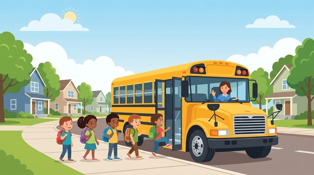 Diverse elementary school children boarding a yellow school bus for back to school education vector illustration