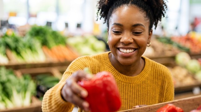 Smiling African American woman choosing fresh red bell pepper at a local farmers market. Healthy food shopping, seasonal produce, sustainable lifestyle, and mindful nutrition concept.
