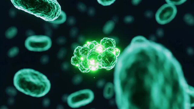 Microbes drifting close-up through fluid in sterile laboratory visualization for microbiology research, contamination analysis, cell interaction study, biotech diagnostics, and medical education use
