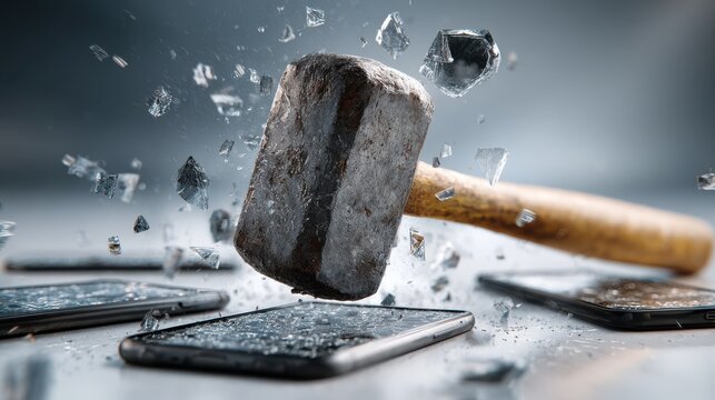 A heavy rusty hammer smashing a smartphone screen into flying shards under dramatic studio lighting. This action shot illustrates digital detox or device destruction concepts.
