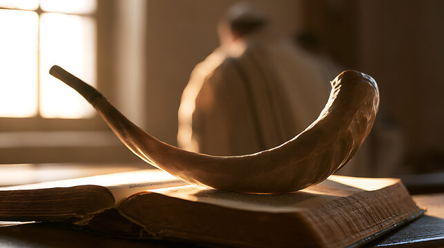 A traditional ram horn shofar instrument rests on an open holy scripture book in a synagogue interior with warm morning light and person