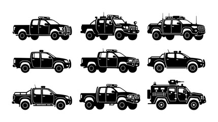 Tactical Pickup Trucks, Armored Vehicles, Police SUVs Vector Icons Set: Security, Law Enforcement, Military Transport © Apurbo